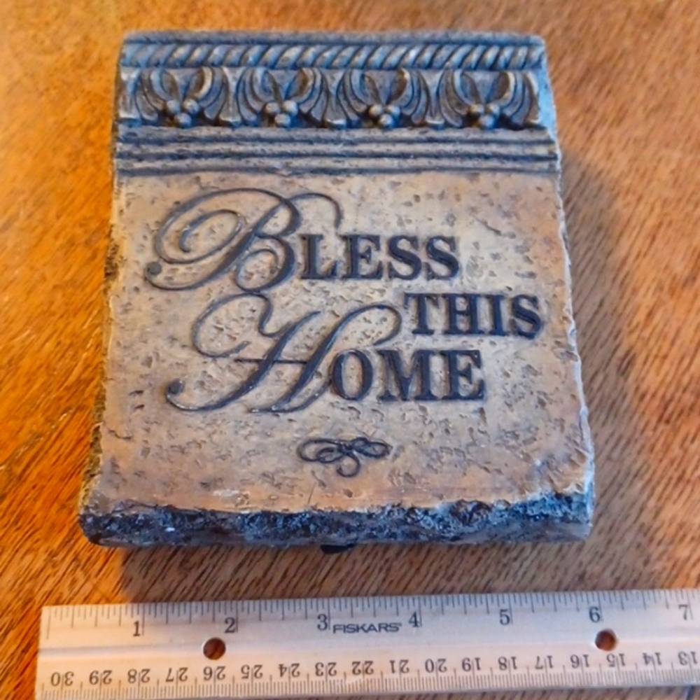 Heavy stone "bless this home" plaque